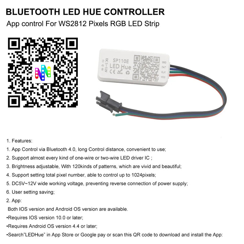 Ws2812b tira conduzida com controlador do bluetooth, jogo claro individualmente endereçável do rgb, sp110e, ws2812, 30/60/144 pixéis/m, dc5v