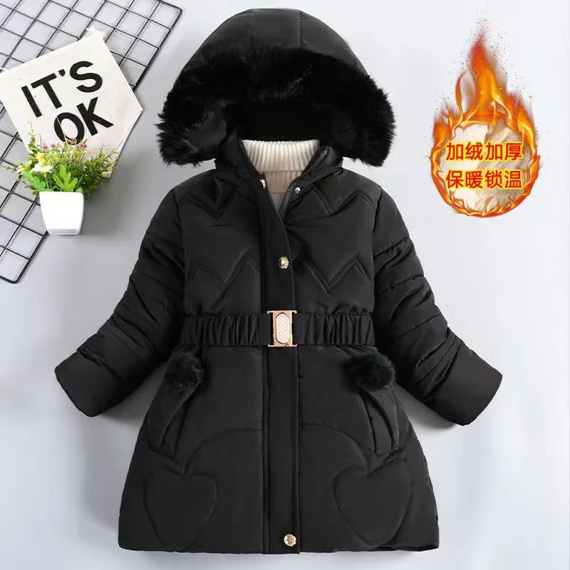 Casaco com zíper com gola de pele feminino, manter aquecido, casaco grosso, Princess Outerwear, Roupas infantis, 4, 5, 6, 8, 10 anos, Inverno