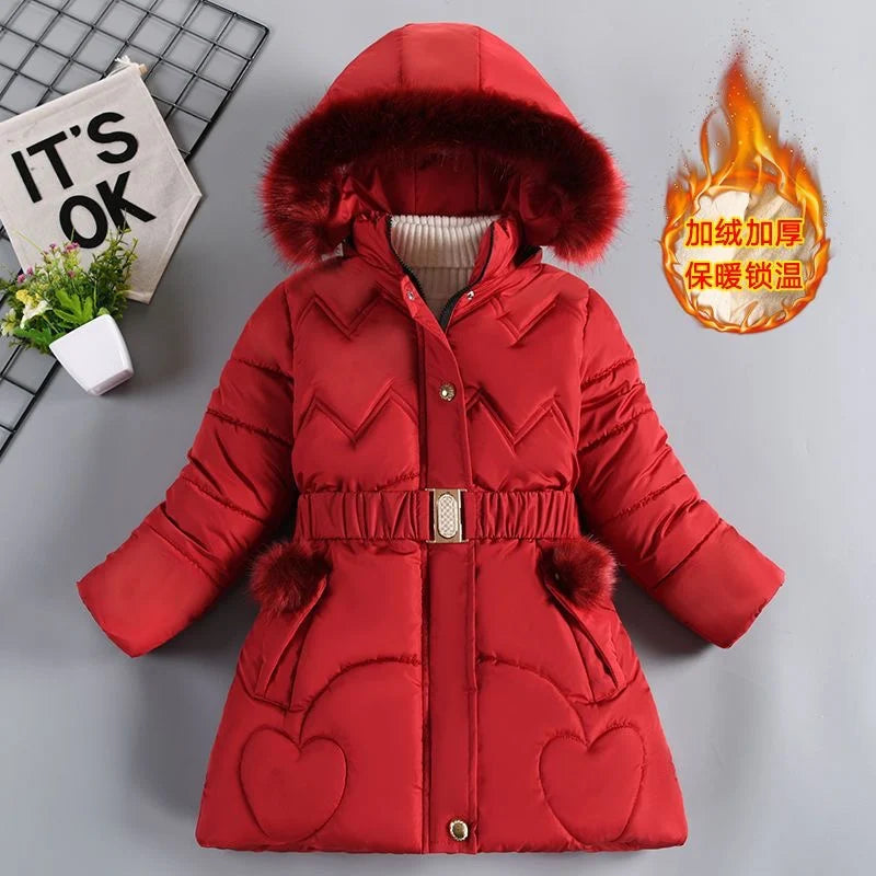 Casaco com zíper com gola de pele feminino, manter aquecido, casaco grosso, Princess Outerwear, Roupas infantis, 4, 5, 6, 8, 10 anos, Inverno