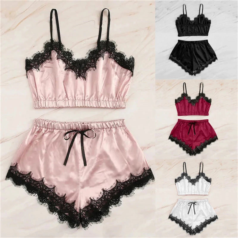 Conjunto de  pijamas de renda femenino sexi com decote v