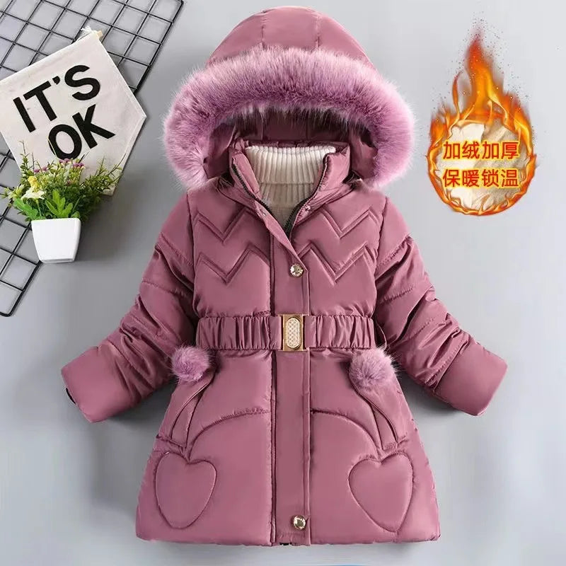 Casaco com zíper com gola de pele feminino, manter aquecido, casaco grosso, Princess Outerwear, Roupas infantis, 4, 5, 6, 8, 10 anos, Inverno