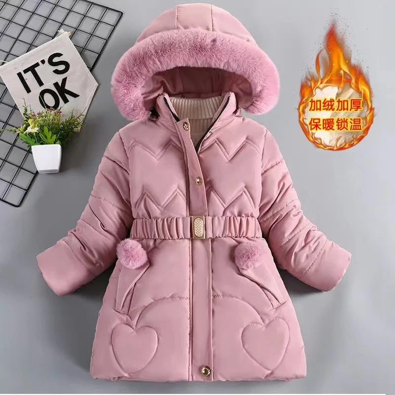 Casaco com zíper com gola de pele feminino, manter aquecido, casaco grosso, Princess Outerwear, Roupas infantis, 4, 5, 6, 8, 10 anos, Inverno